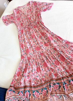 Boho R. Vivimos Pink Floral Maxi Dress Tiered Hem Women s Large 12/14