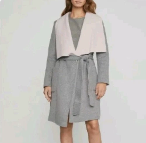 BCBG Maxazria Cappotto Lungo Avvolgente "Chanel" Grigio Rosa Misto Lana $298 Donna Taglia L