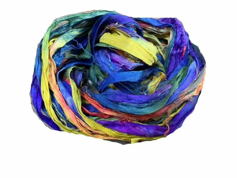 Recycled Sari Silk Ribbon Yarn - Blue and Yellow - 50 GMS - Boho Ribbon - Silk - Image 3 of 4