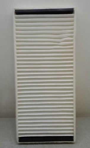 White rectangular P3652WS Bosch cabin air filter with horizontal slats and black frame made in USA.