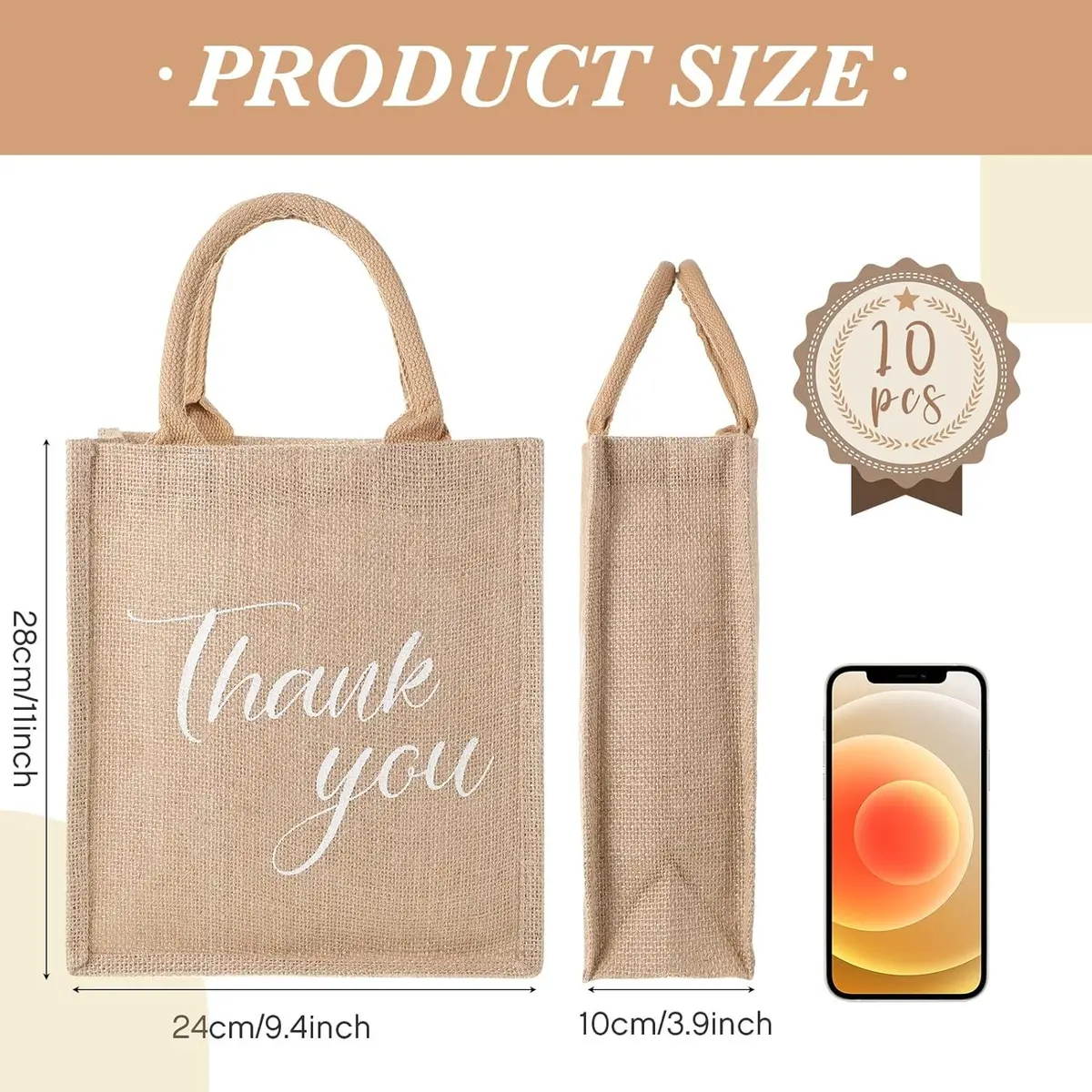 Sweetude 10 Pcs Thank You Gift Bags Jute Tote Bag Reusable Burlap