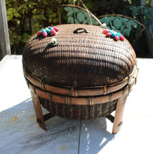 Large Antique Chinese Sewing Basket on 4 Legs w/Peking Glass Beads