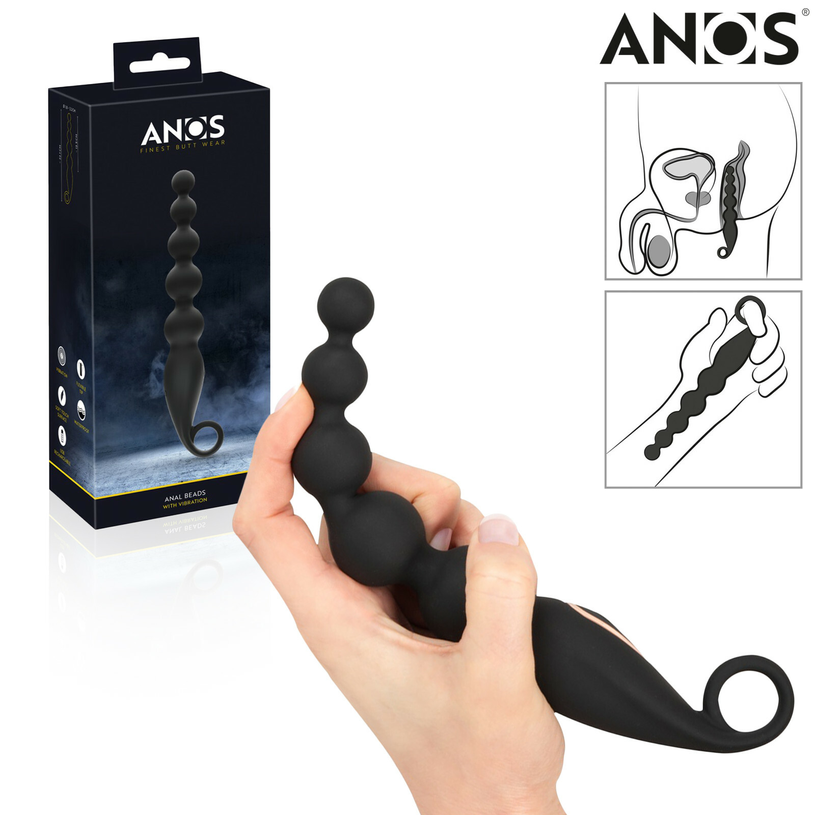 ANOS Silicone Anal Beads with Vibration RECHARGEABLE Waterproof Sex Toy Flexible