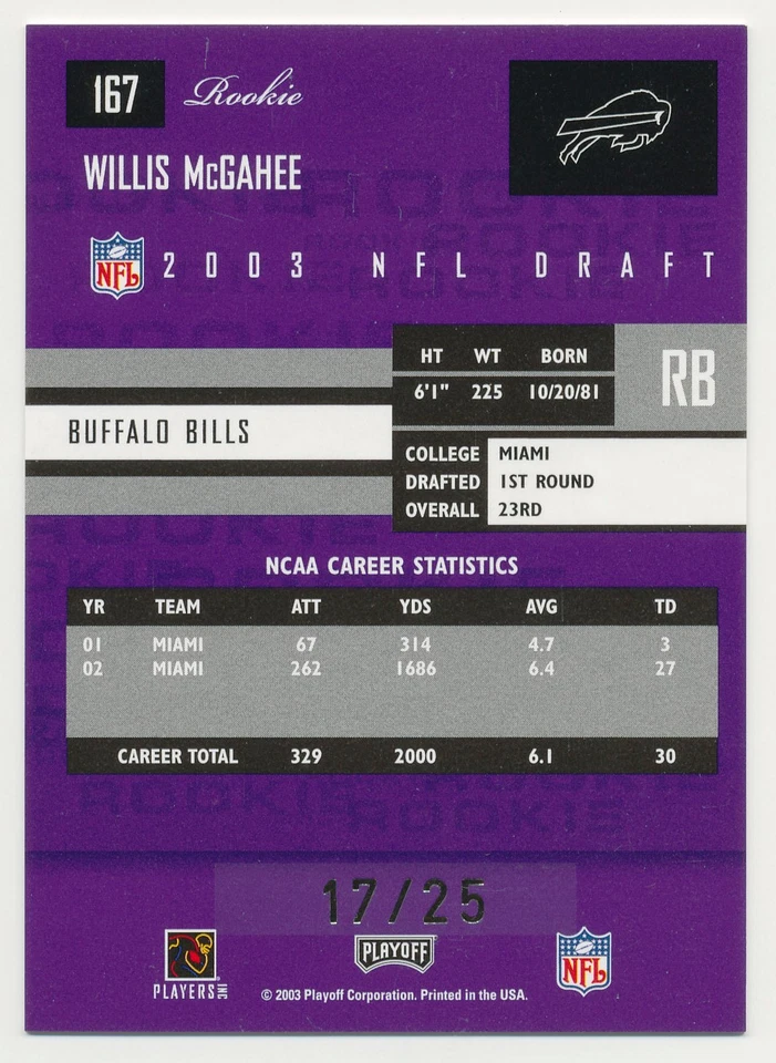 2003 Playoff Prestige WILLIS MCGAHEE Xtra Points Purple RC Rare Bills SP #/25 - Image 2 of 2
