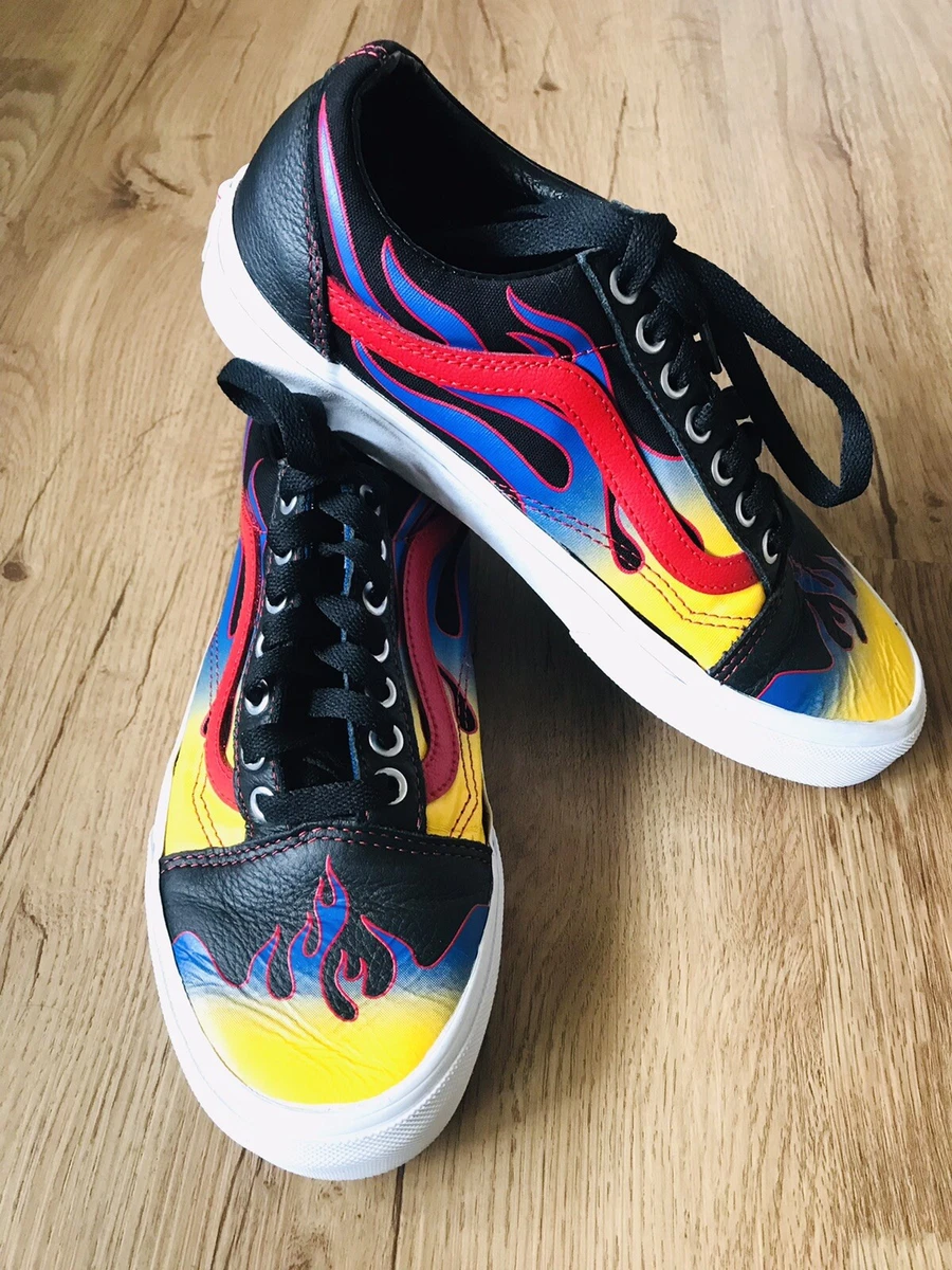VANS Old Skool Racer Flames Black Red Men s 6.5 Women s 8 Leather Toe Cap Shoe