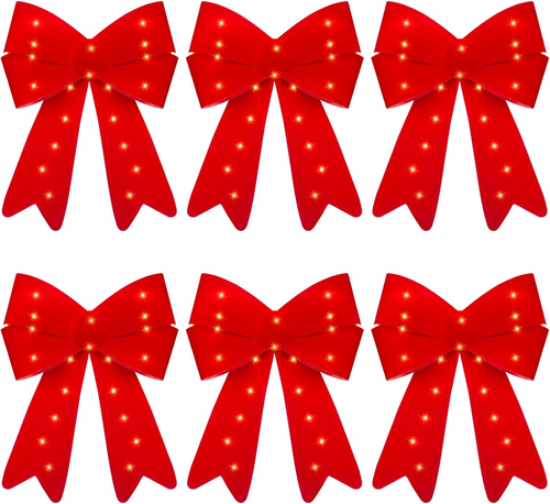 6 Pcs 10.63 X 15.35'' Velvet Red Christmas Bows with LED Lights Waterproof Chris