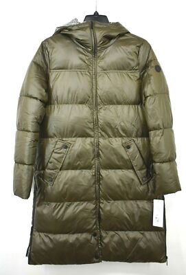 French Connection Womens Long Sleeves Front Zip Snap Hooded Puffer Coat