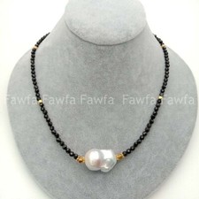 3mm Faceted Black Spinel Round Gemstone Beads White Keshi Pearl Necklace 18''