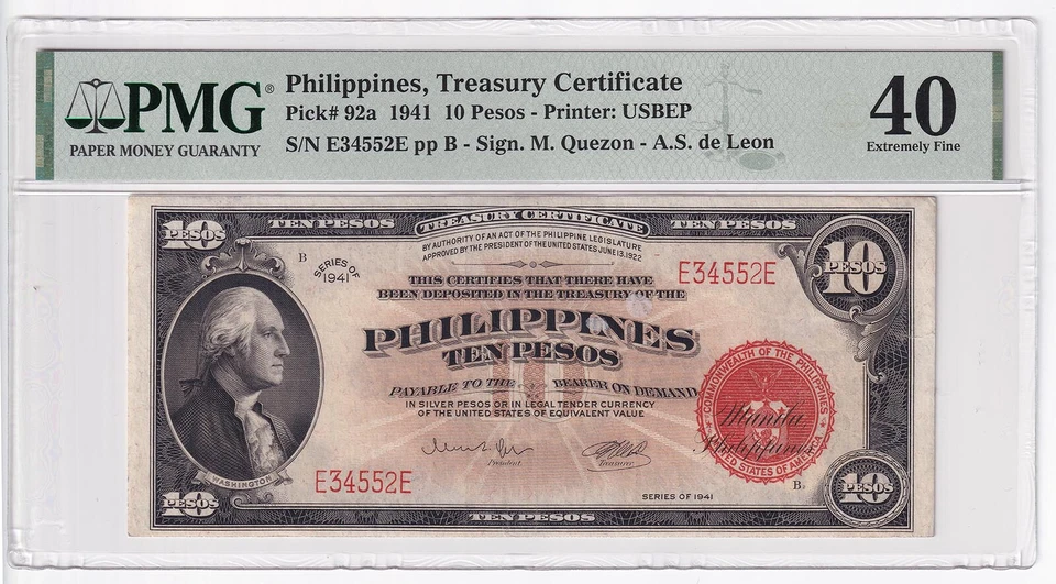 1941, 10 Pesos Treasury Cert. US Philippines P-92a Banknote PMG 40 EF - Image 2 of 4