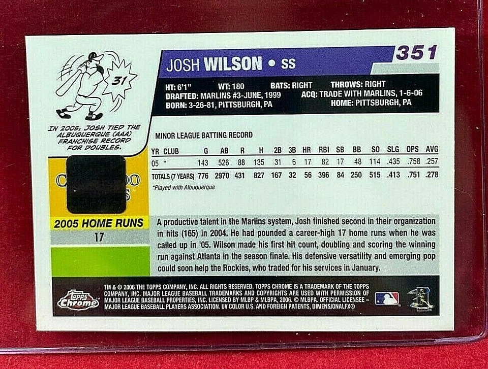 JOSH WILSON ~ 2006 Topps Chrome RC #351 Certified Auto.Colorado Rockies - Image 2 of 2