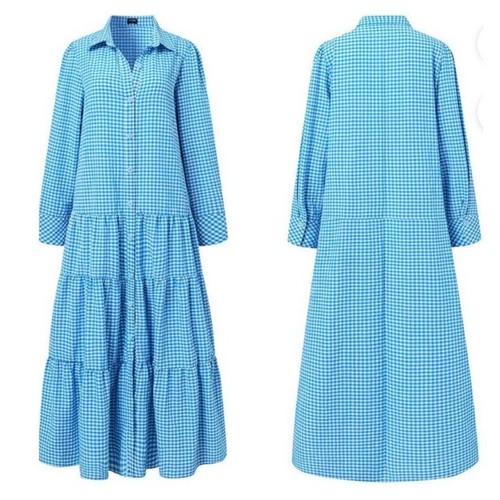 WOMEN'S LONG SLEEVE VINTAGE CHECKED MAXI DRESS SOLID, CASUAL RUFFLE DRESS - L - 第 8/9 張圖片