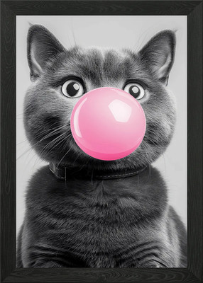 Gerahmtes Wandbild Poster Leinwanddruck Bild Katze bläst Kaugummi