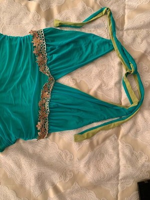 Vintage Teal Halter Top Blouse Embroidered Sequin Boho