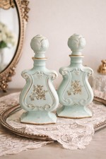 Antique French Limoges Vanity Perfume Bottles Matched Pair Hand Decorated c1900