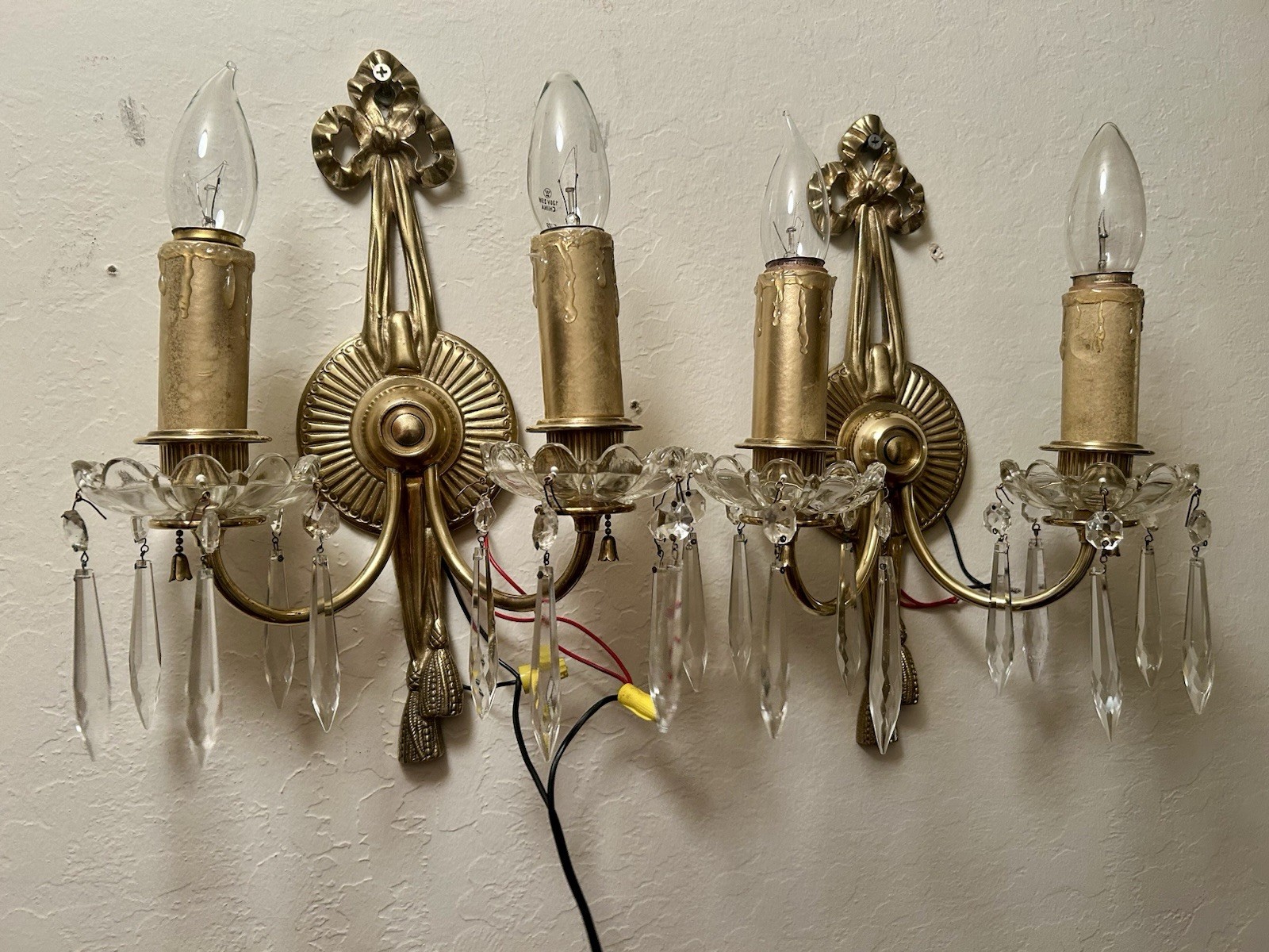 Pair of Antique European Solid Brass & Crystal Wall Sconces