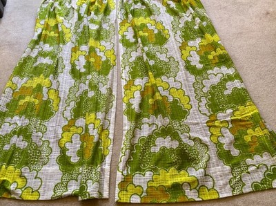 Vintage 1970er Vorhänge Paar gewebte Rindenstoff Stil grün gelb Retro 73x45''