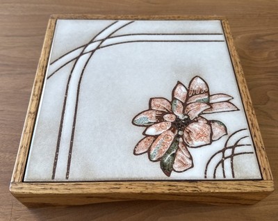 Vintage Lance Munn Tile & Wood 8x8 Kitchen Trivet Flower Motif Hand Painted