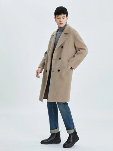 Mens Double Breasted Lapel Collar Mid Long 100% Wool Trench Coat Overcoats Loose - Picture 29 of 29