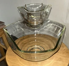 Vintage Indiana Glass Clear Chip and Dip Bowl Set Bracket MCM Mint Condition