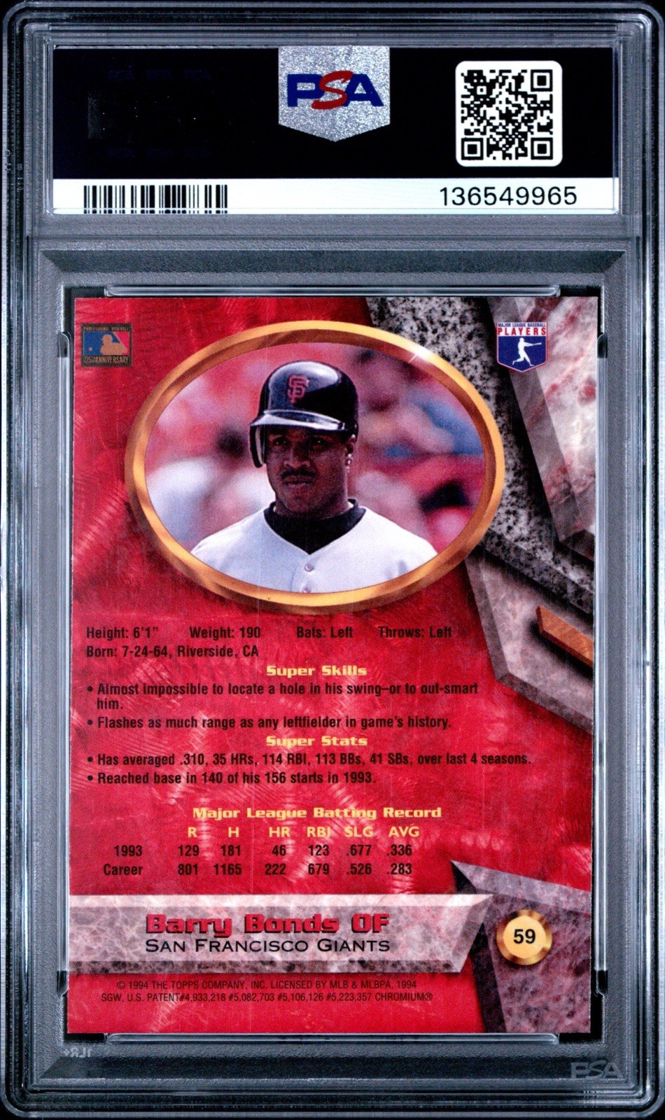 1994 Bowman’s Best Barry Bonds Red Refractor PSA 9 view 2