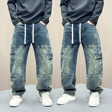 Classic Mens Denim Overalls Cargo Pants Drawstring Loose Jeans Work Pants Casual