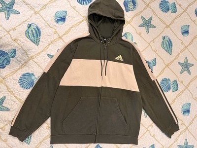 adidas Men's Full Zip Hooded Colorblock Fleece Hoodie Green/Beige Size L