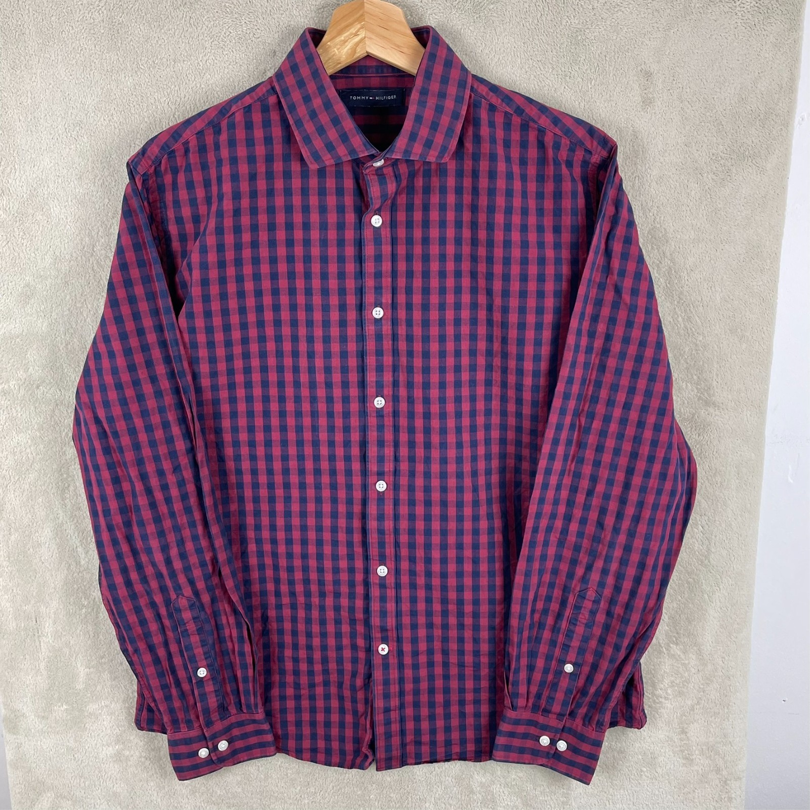 Men's Tommy Hilfiger Check Slim Fit Long Sleeve Collar Shirt Size L Large Cotton