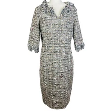 Worth New York Women's Lined Tweed Sheath Midi Dress Fringed Sleeve Size 12