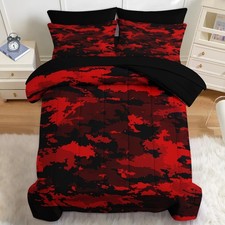 5 Pcs Comforter Set Twin Size, Red Black Camouflage Military Bedding Set for ...