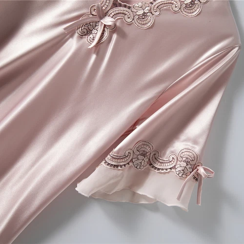 Damen Satin Nachthemd Sommer Luxus Weich Spitze Kurzarm V-Ausschnitt Schlafshirt - Bild 11 von 32