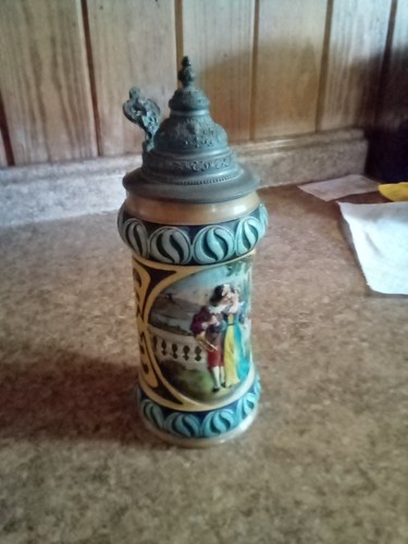 Vintage German Hand Painted 9 1/2 Inch Pewter Lidded Beer Stein #1149 - Picture 8 of 11