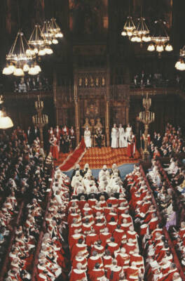 Queen Elizabeth II and Prince Philip sit on their thrones 1970s OLD PHOTO
