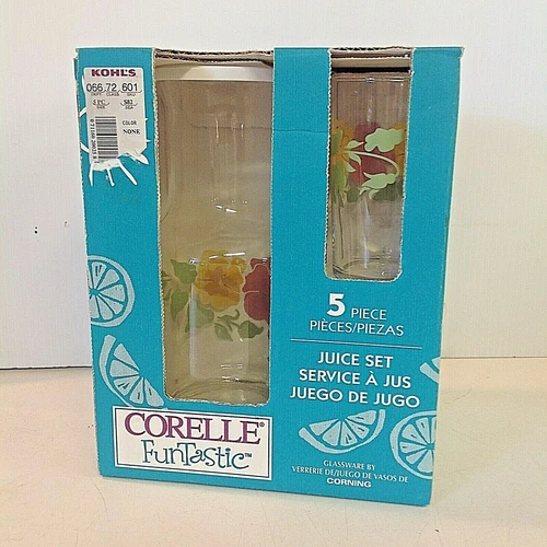 Vintage 1996 NOS Corelle Corning Funtastic 5 Pc Glassware Juice Set Floral w/Box