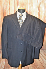 Jones New York Men Black Wool Stripe 3 Front Button Suit Sz 48R Wst 40x26