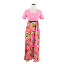 Pink green floral short sleeve stretch vintage maxi dress S