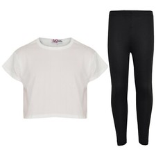 Kids Girls Top Plain Color White Stylish Crop Top  Fashion Legging Set 5-13 Yrs