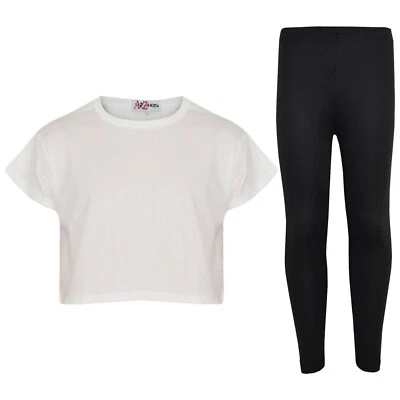 Enfants Filles Haut Uni Couleur Blanc Élégant Court & Mode Leggings Set 5-13 Ans - Photo 1/2