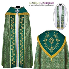 Metallic Green Cope & Stole Set with IHS embroidery,capa pluvial,far fronte