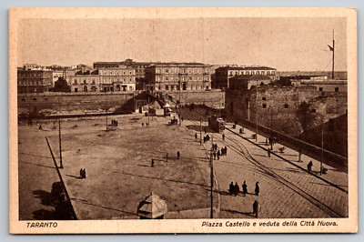 Taranto Italy Piazza Castello Veduta Della Citta Nuova Vintage Postcard Tramway