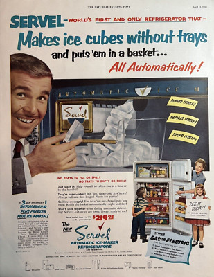 1953 Servel Automatic Ice Maker Refrigerators Gas Electric Cubes VTG Print Ad