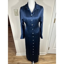 Madewell Satin Utility Shirt Dress Sz 2 Deep Indigo Button Down Midi L/S Silk-y