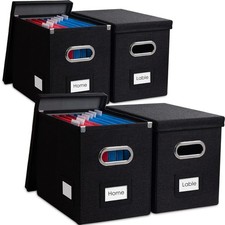 File Organizer Box - Set of 4 Collapsible Decorative Linen Filing Storage Han...