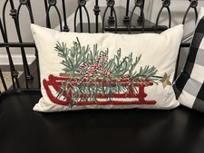 Pottery Barn Christmas Tree Sled Embroidered Lumbar Pillow