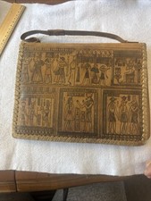 Vintage Egyptian Revival Leather Clutch Purse Hieroglyphic Tooled Boho Handbag