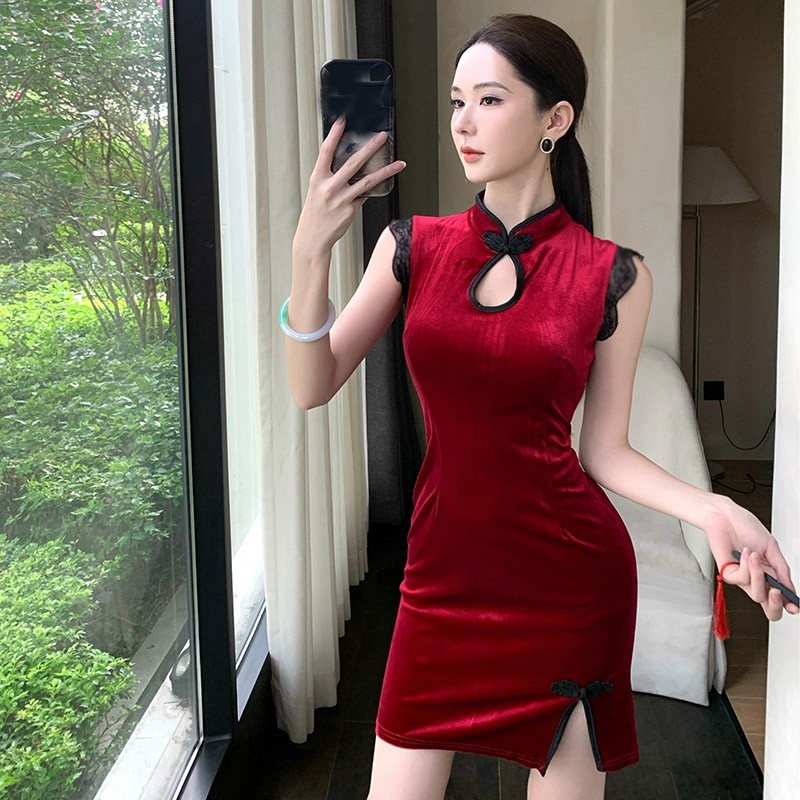 Chinese Style Womens Velvet Bodycon Slim Qipao Dress Cheongsam Party Short  Dress