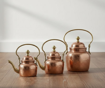 Handmade Hammered Copper Kettle Solid Stovetop Tea Pot with Brass Handle Vintage