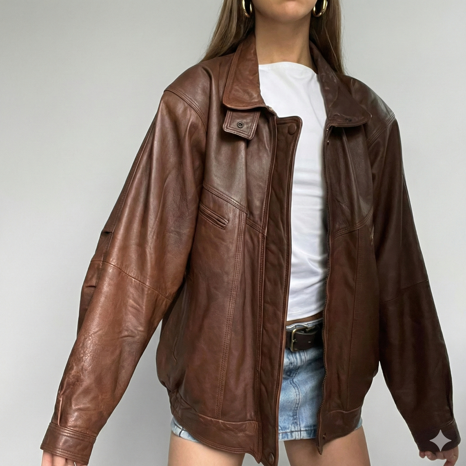 Women’s Oversized Brown Leather Jacket Vintage 90s Bomber Style Coat S-4XL New