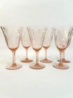 Antique Pink Depression Glass Wine Glasses, etched floral design, set of 6