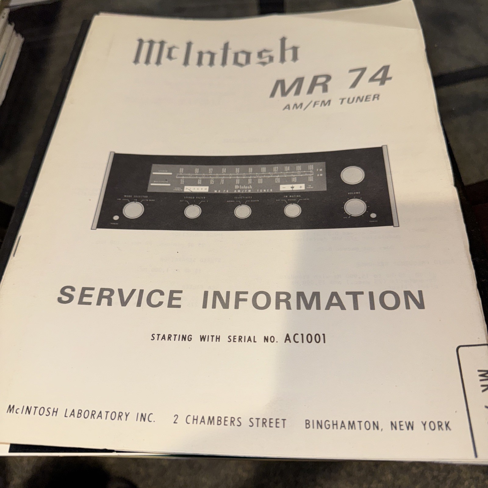 McIntosh MR74 AM/ FM Stereo Tuner Service Manual /Schematic Original* Vintage