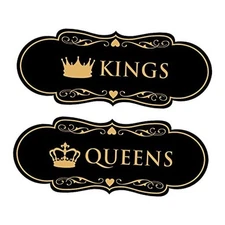  Designer Kings and Queens, Signs 2 Pack Restroom Large (3.5" x 9") Black Gold